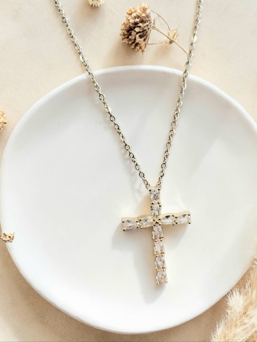 Gold Cross Necklace with Clear Stone Accents - Women Jewelry